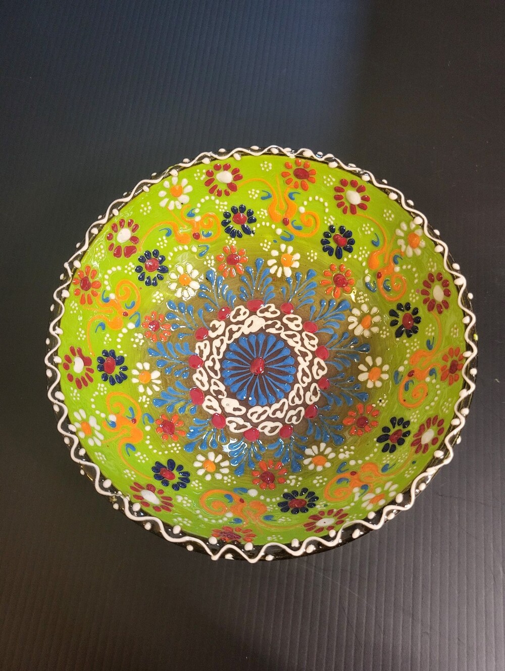 Hand-Painted Green Floral Ceramic 6.25 in  Bowl - #1613-848